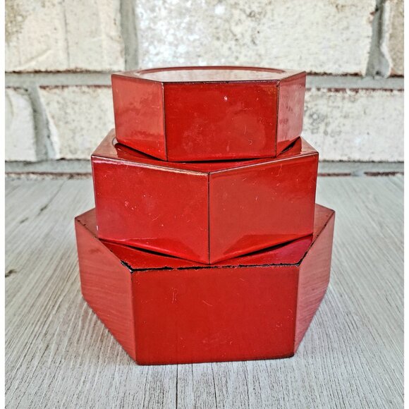 Interpur Trinket Boxes w Hand-Painted Bamboo Red Hexagonal Nesting Set of 3 - Picture 3 of 10